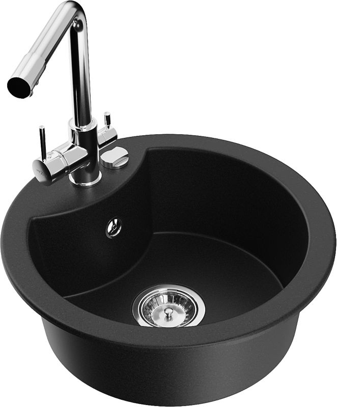 Zlewozmywak granitowy Mexen Diego 1-komorowy z baterią kuchenną Duero czarny 6512-77-671600-00