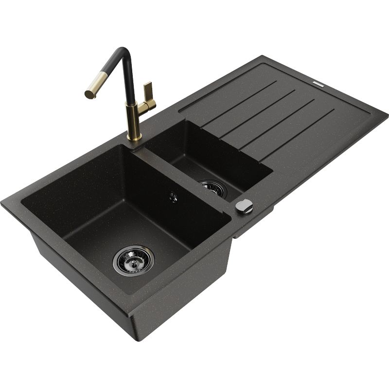 Zlewozmywak granitowy 1.5-komorowy Mexen Andres z ociekaczem i baterią kuchenną Flora czarny/złoty 6515-75-670401-57-B