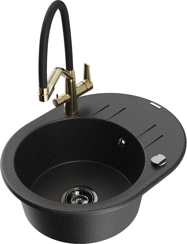 Zlewozmywak granitowy Mexen Leo 1-komorowy z ociekaczem i baterią kuchenną Aster beżowy - 6501-69-73450-57-B 1 szt.