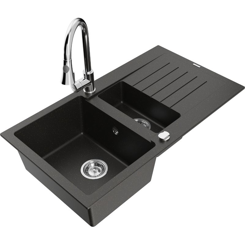 Zlewozmywak granitowy 1.5-komorowy Mexen Matias z ociekaczem i baterią kuchenną Elia czarny/złoty metalik 6502-75-670101-00