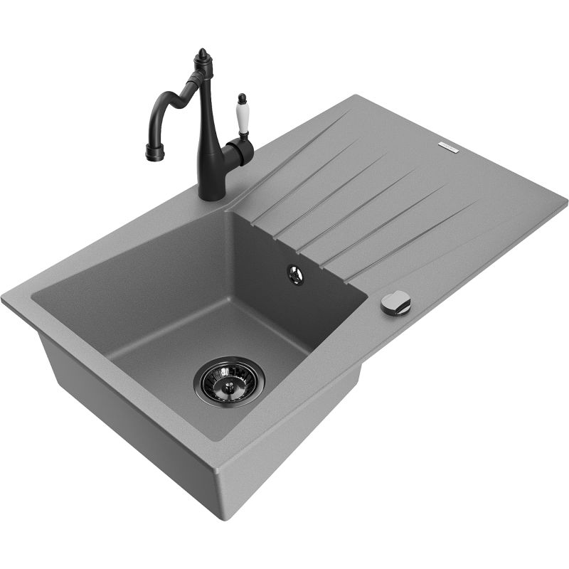 Zlewozmywak granitowy 1-komorowy Mexen Cesar z ociekaczem i baterią kuchenną Carla szary - 6514-71-670700-50 1 szt.