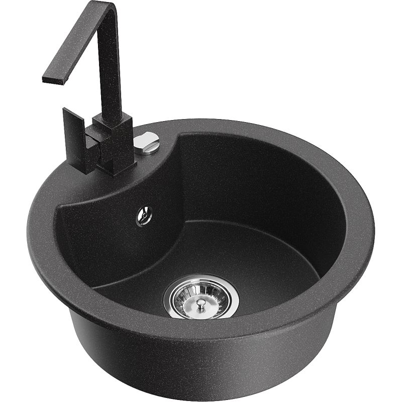 Zlewozmywak granitowy 1-komorowy Mexen Diego z baterią kuchenną Rita czarny/srebrny metalik - 6512-73-670300-70 1 szt.