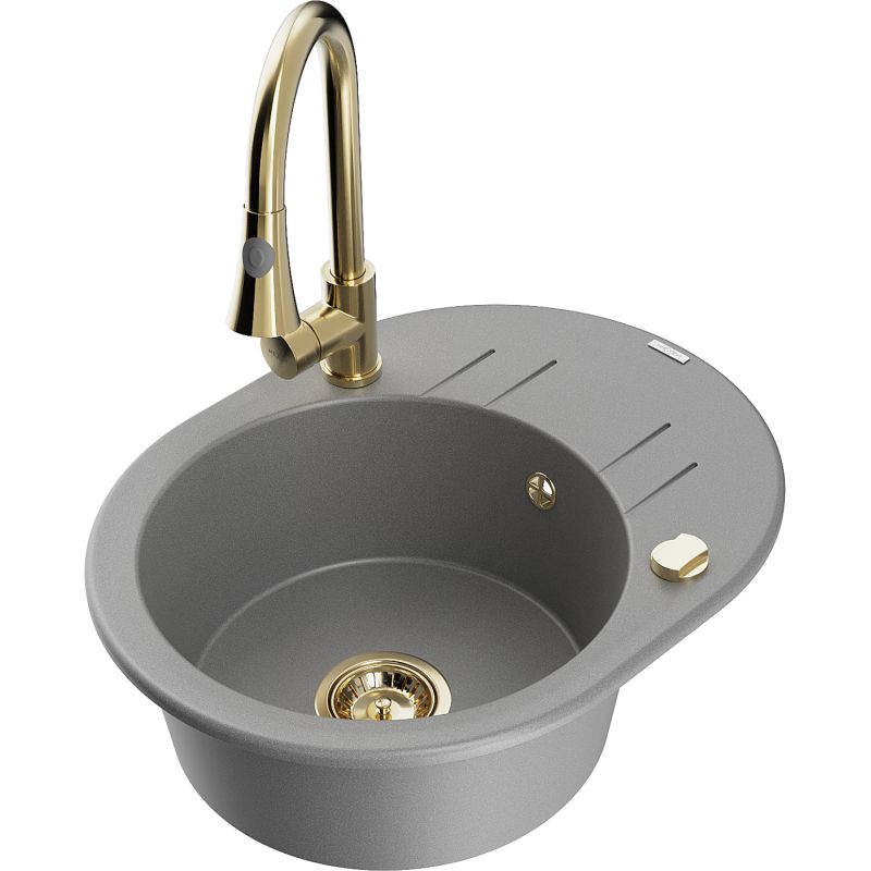 Zlewozmywak granitowy 1-komorowy Mexen Kevin z ociekaczem i baterią kuchenną Elia szary 6517-71-670101-50