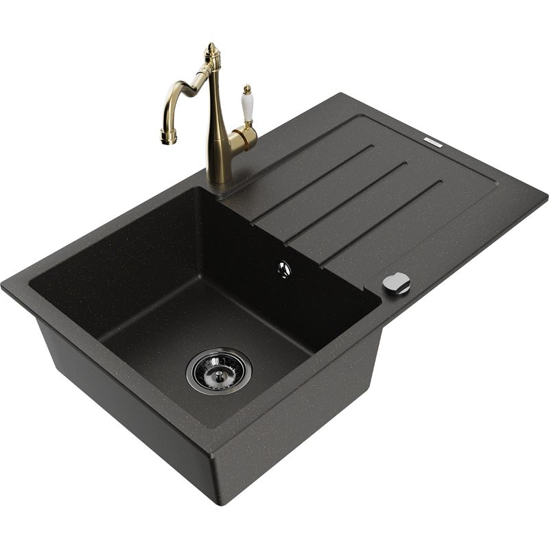 Zlewozmywak granitowy 1-komorowy Mexen Bruno z ociekaczem i baterią kuchenną Carla czarny/złoty metalik 6513-75-670700-50-B