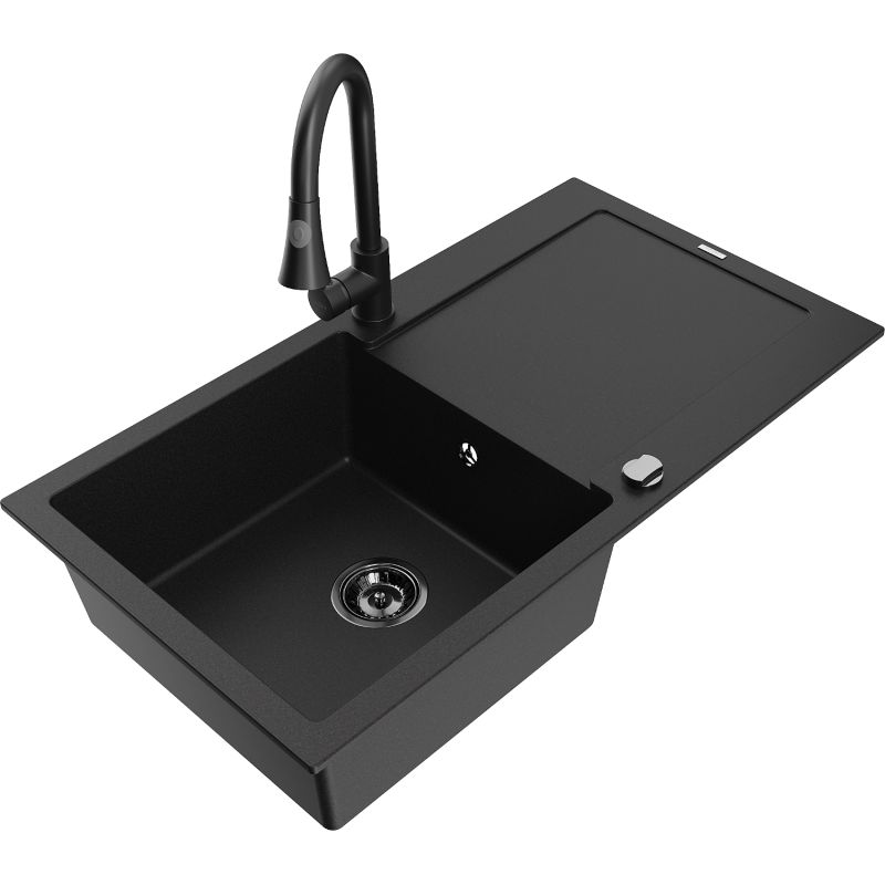 Zlewozmywak granitowy 1-komorowy Mexen Leo z ociekaczem i baterią kuchenną Elia czarny 6501-77-670101-70-B