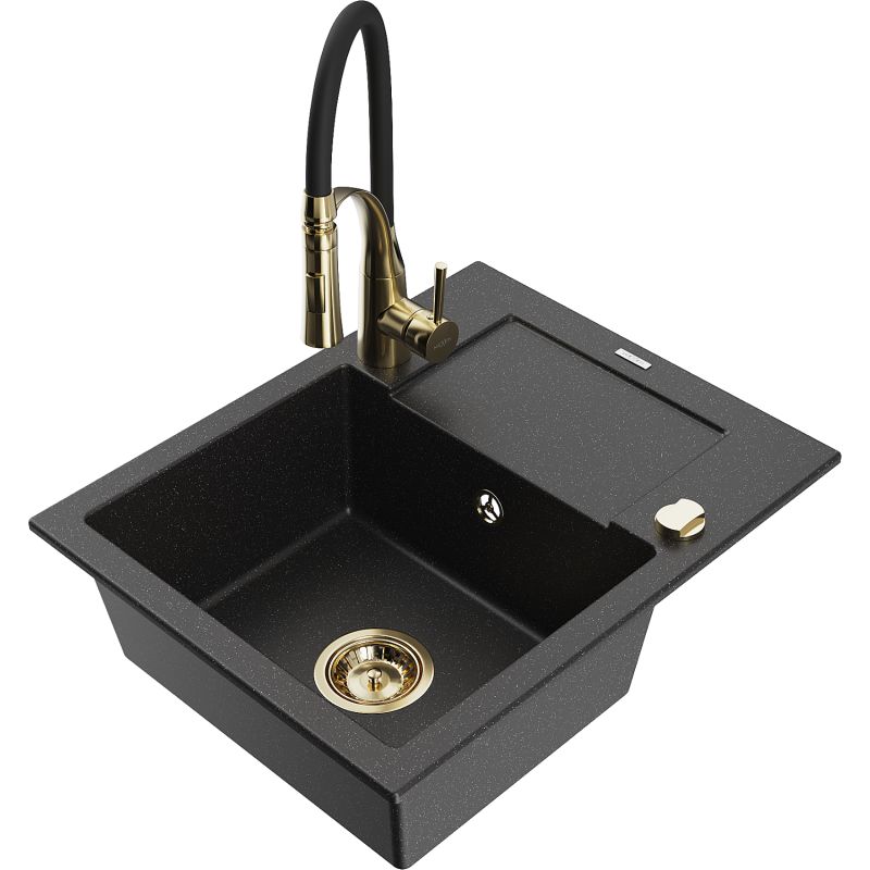 Zlewozmywak granitowy 1-komorowy Mexen Enzo z ociekaczem i baterią kuchenną Aster czarny/srebrny metalik 6506-73-73450-57-G