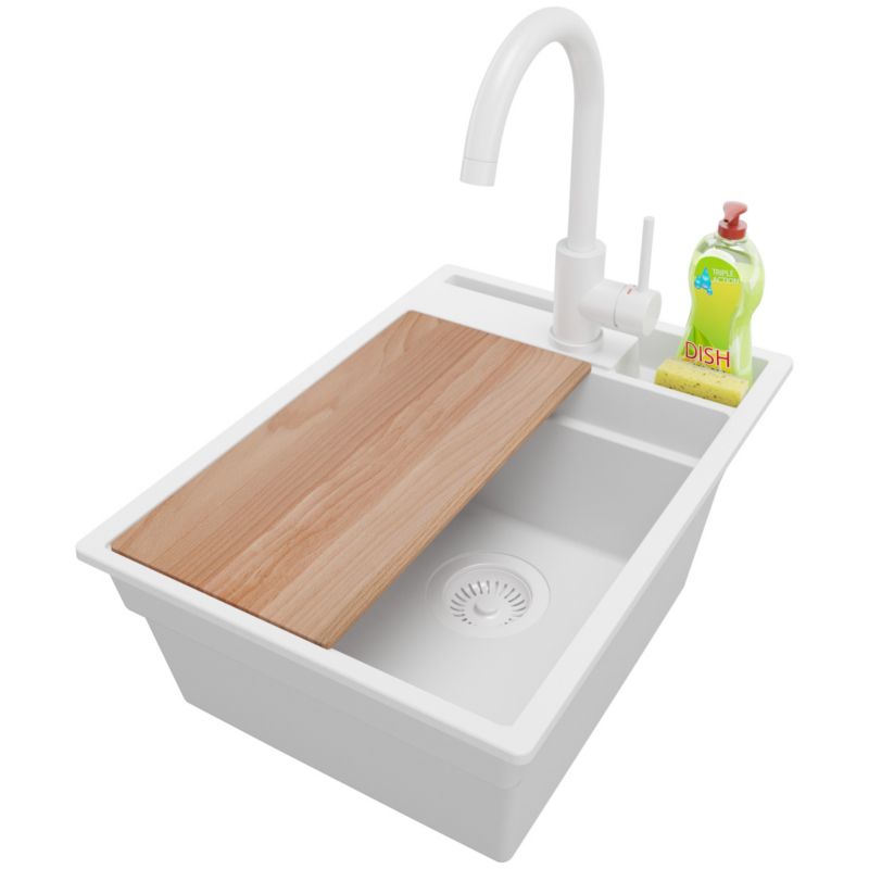 Zlewozmywak Granitowy Oslo Pocket PRIMAGRAN Nablatowy 38x53cm do szafki od 40cm z Syfonem i Baterią i Dodatkiem Cały Biały 1 szt.