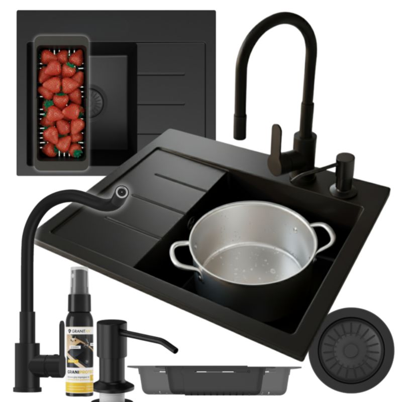 Zlewozmywak Granitowy Z Ociekaczem Granitan Amber Czarny Zestaw Zlew Bateria Syfon Dozownik 1 szt.