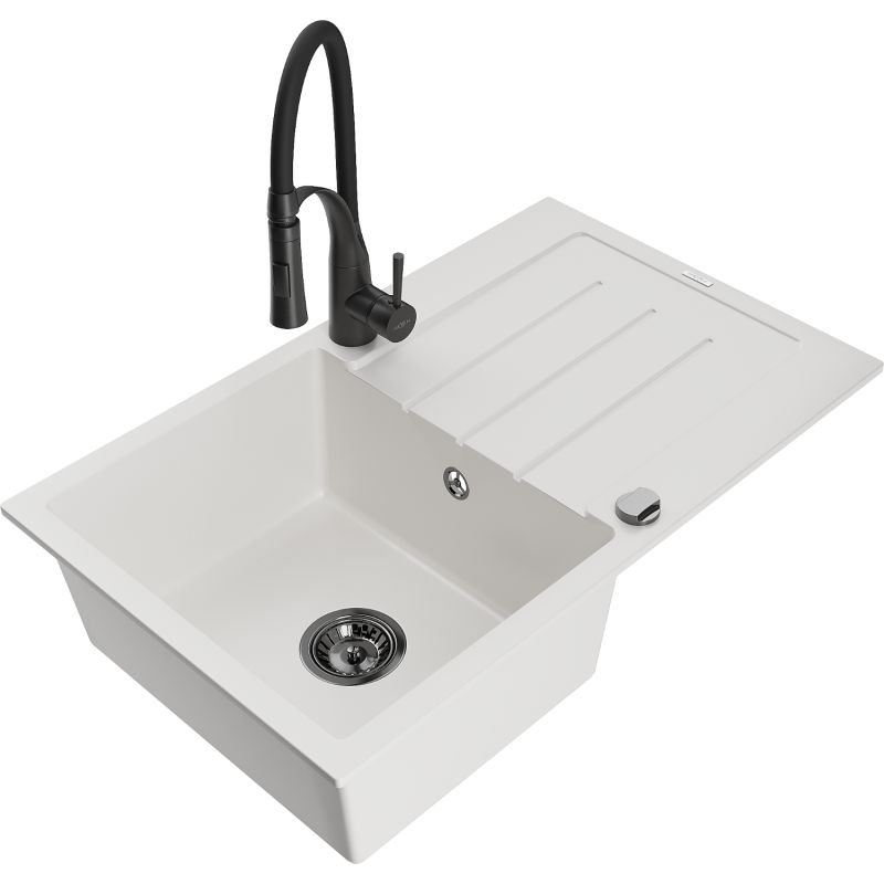 Zlewozmywak granitowy 1-komorowy Mexen Bruno z ociekaczem i baterią kuchenną Aster czarny - 6513-77-73450-70-B 1 szt.