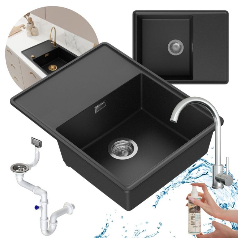 Zestaw zlewozmywak kuchenny GranMaster Smuud 1-komorowy z ociekaczem, baterią, impregnatem i syfonem - czarny metalik 1szt.