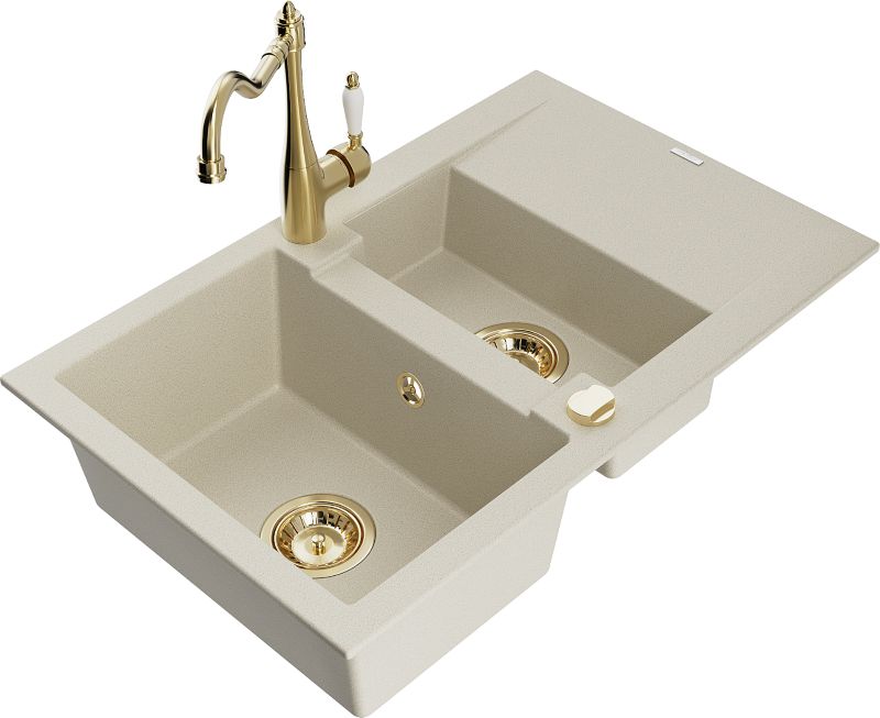 Zlewozmywak granitowy Mexen Gaspar 1,5-komorowy z ociekaczem i baterią kuchenną Carla beżowy 6507-69-670700-50