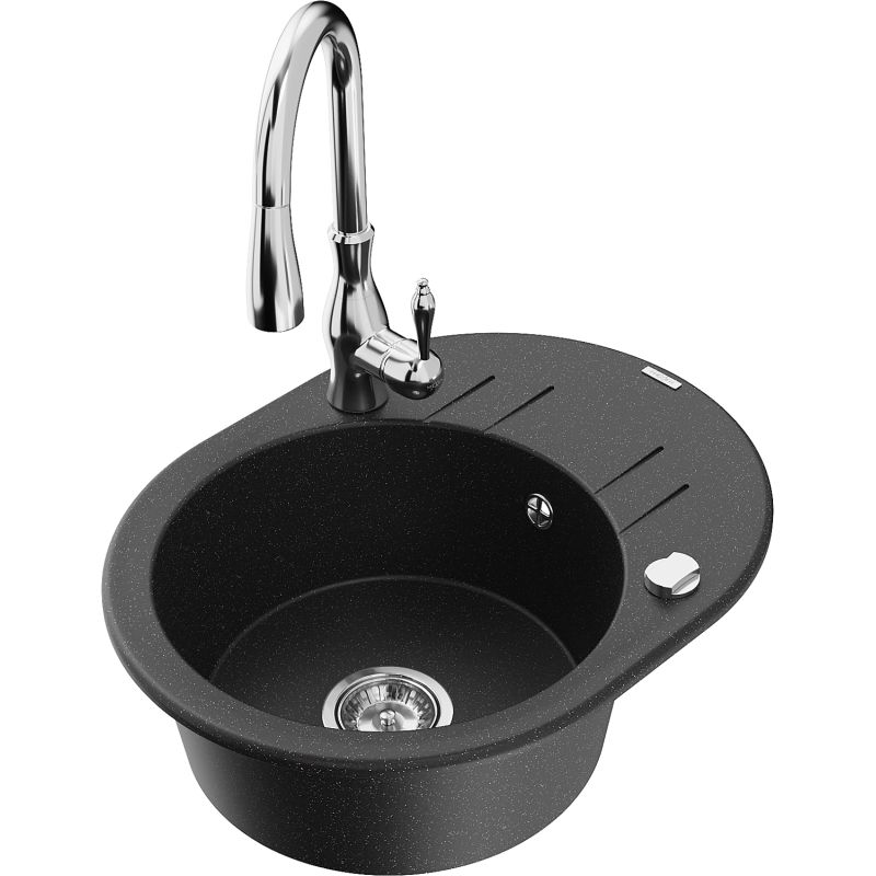 Zlewozmywak granitowy 1-komorowy Mexen Kevin z ociekaczem i baterią Savita czarny/srebrny metalik - 6517-73-672601-70 1 szt.