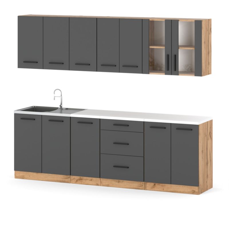Zestaw Kuchenny Hurtownia-Mebli Z Blatem Kuchnia Remino 260cm Dąb Wotan Szary Mat 260x47x145 cm 1szt.