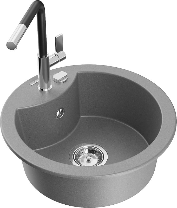 Zlewozmywak granitowy Mexen Diego 1-komorowy z baterią kuchenną Flora szary 6512-71-670401-07