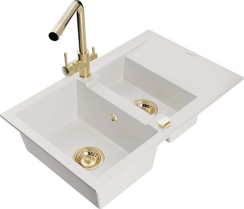 Zlewozmywak granitowy Mexen Gaspar 1,5-komorowy z ociekaczem i baterią kuchenną Duero biały 6507-20-671600-50