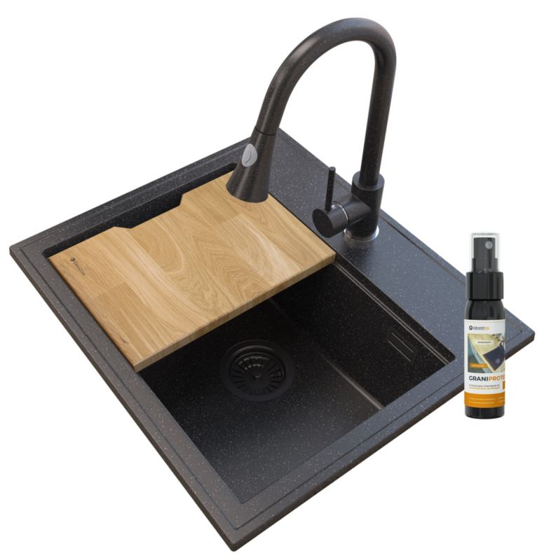 Zlewozmywak Granitowy Kuchenny Granitan Foxal Czarny Nakrapiany z Syfonem Złotym, Baterią i Deską 1kpl.