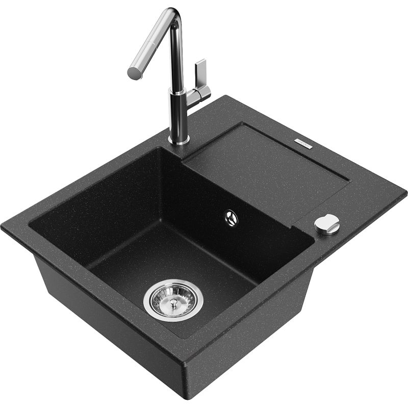 Zlewozmywak granitowy 1-komorowy Mexen Enzo z ociekaczem i baterią kuchenną Flora czarny/srebrny metalik 6506-73-670401-00