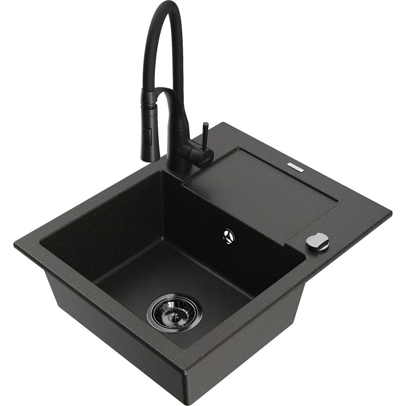 Zlewozmywak granitowy 1-komorowy Mexen Enzo z ociekaczem i baterią kuchenną Aster szary - 6506-71-73450-70-B 1 szt.