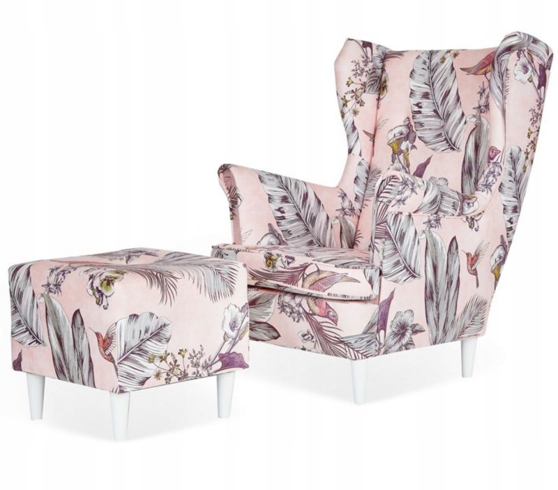 Fotel uszak do salonu z podnóżkiem Family Meble ARI PRINT różowy 1szt