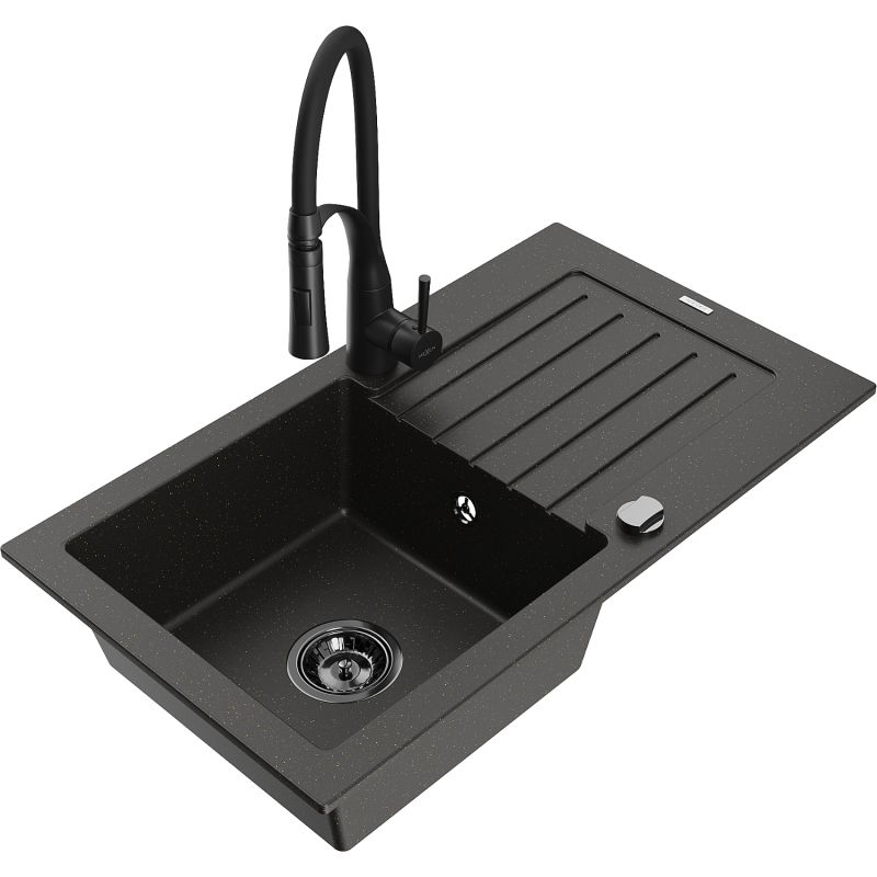 Zlewozmywak granitowy 1-komorowy Mexen Pablo z ociekaczem i baterią kuchenną Aster szary - 6510-71-73450-70-B 1 szt.