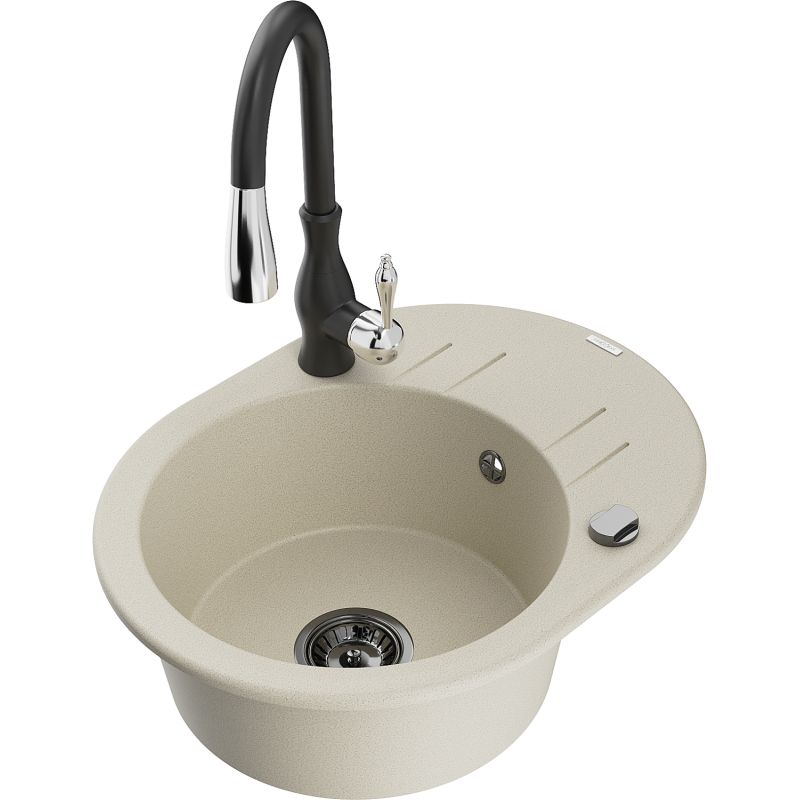 Zlewozmywak granitowy 1-komorowy Mexen Kevin z ociekaczem i baterią kuchenną Savita biały - 6517-20-672601-00 1 szt.