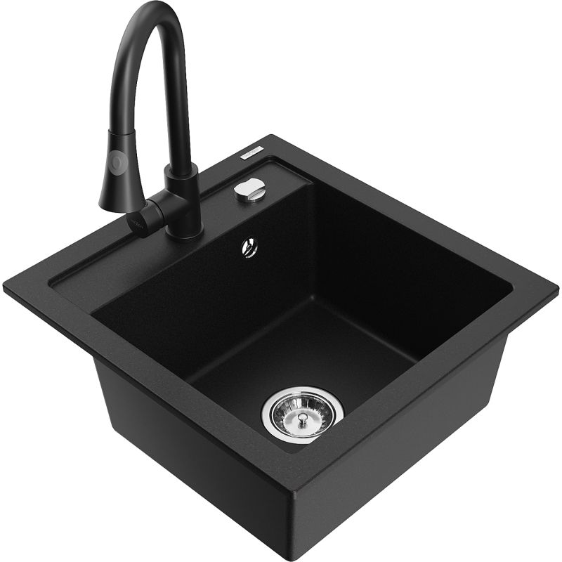 Zlewozmywak granitowy 1-komorowy Mexen Vito z baterią kuchenną Elia czarny/srebrny metalik - 6503-73-670101-70 1 szt.