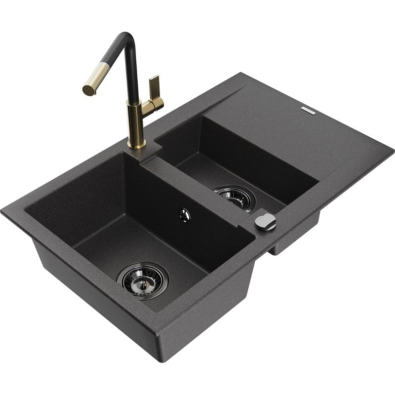 Zlewozmywak granitowy 1.5-komorowy Mexen Gaspar z ociekaczem i baterią Flora czarny nakrapiany - 6507-76-670401-08 1 szt.