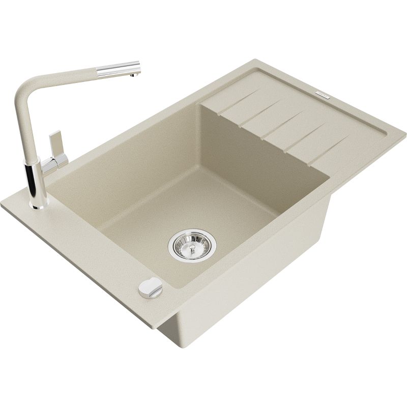 Zlewozmywak granitowy 1-komorowy Mexen Elias z ociekaczem i baterią kuchenną Flora beżowy - 6511-69-670401-57-G 1 szt.
