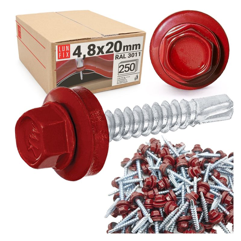 Blachowkręty Lun Fix wkręty farmerskie 4,8x20mm RAL311 czerwony 250szt.