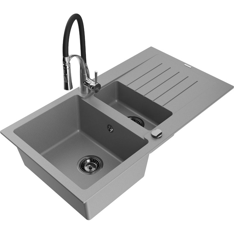 Zlewozmywak granitowy 1.5-komorowy Mexen Matias z ociekaczem i baterią kuchenną Aster szary 6502-71-73450-07-B