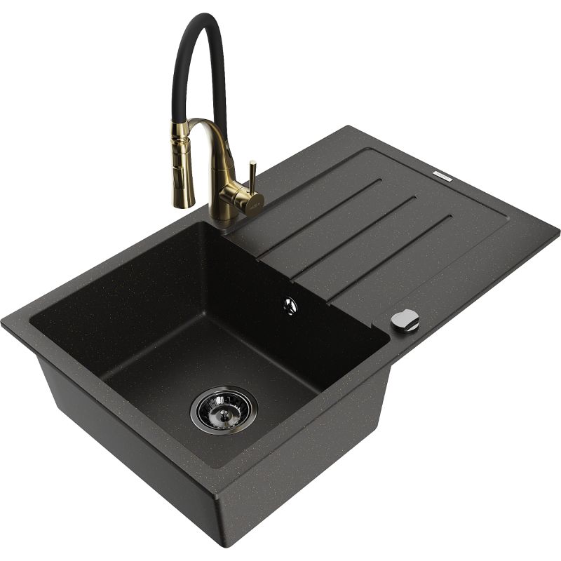 Zlewozmywak granitowy 1-komorowy Mexen Bruno z ociekaczem i baterią kuchenną Aster czarny/złoty metalik 6513-75-73450-57-B