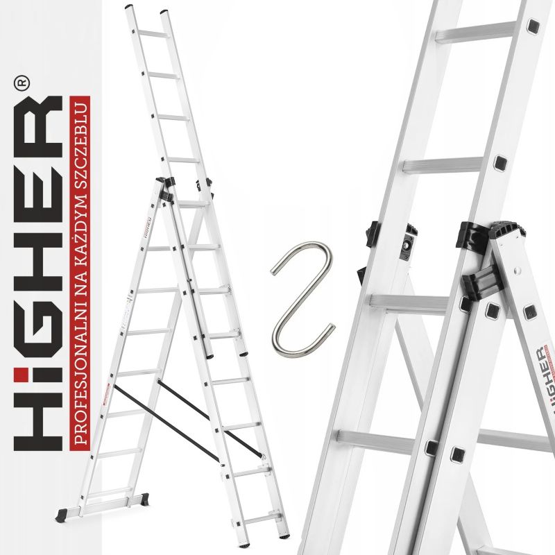 Drabina aluminiowa wielofunkcyjna z opcją ustawienia na schodach 3x8 HIGHER ML-608 + hak 1szt.