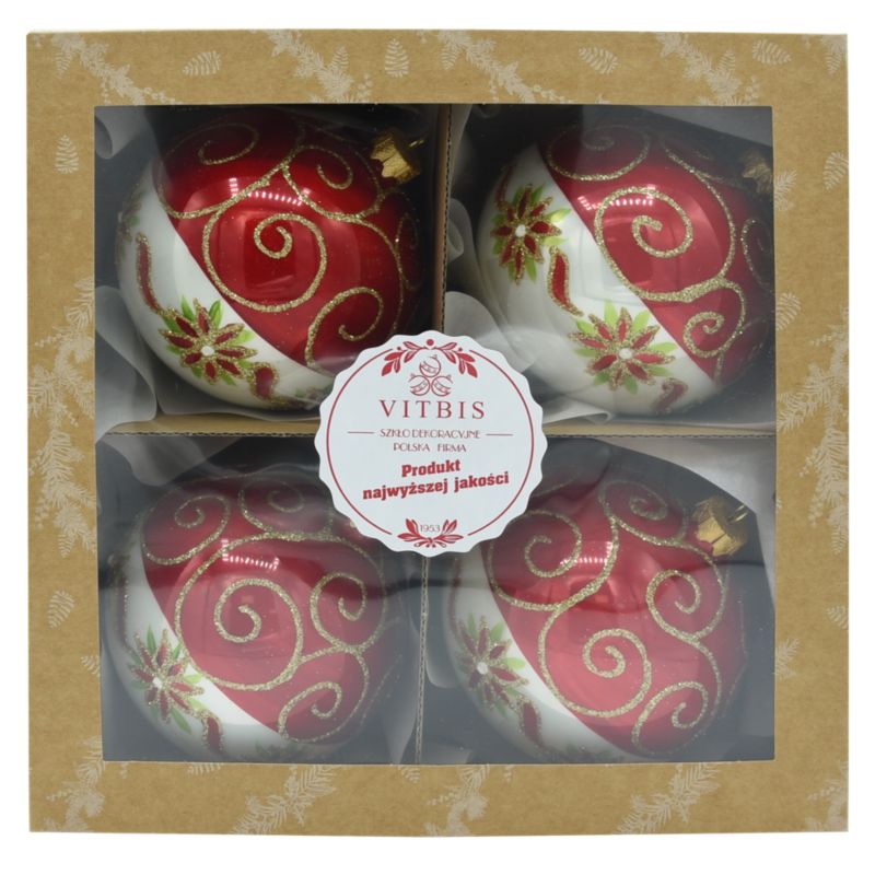 Bombki szklane Vitbis dekorowane 100 mm czerwone/bordowe 4 szt.