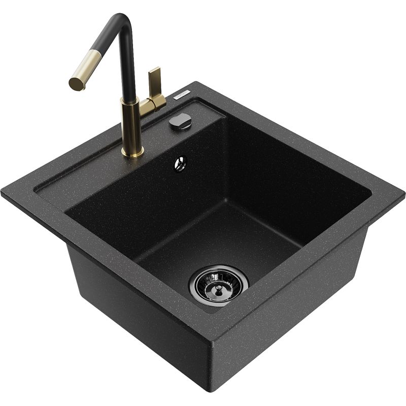 Zlewozmywak granitowy 1-komorowy Mexen Vito z baterią kuchenną Flora czarny/srebrny metalik 6503-73-670401-57-B