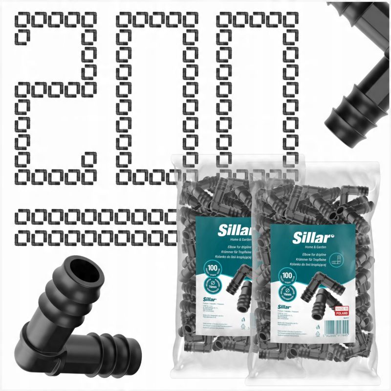 Złączka, Sillar, kolanko, do linii kroplującej, do węża ogrodowego, rury 16mm, 200szt