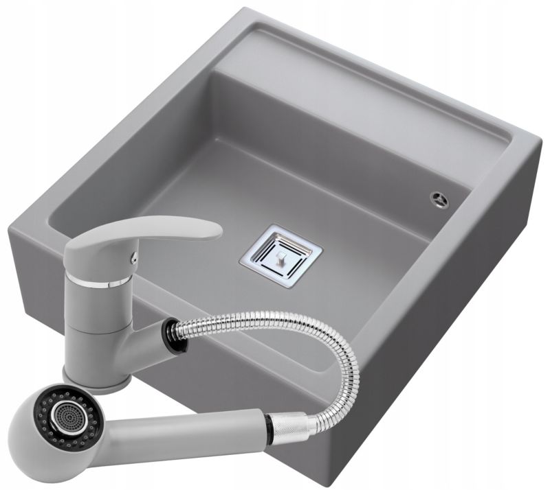 Zlewozmywak Granitowy Granitan Skandynawski Farmerski Szary Bateria Hand Szara 1 kpt.