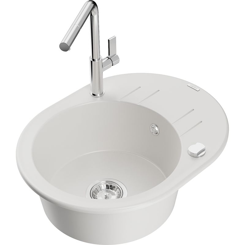 Zlewozmywak granitowy 1-komorowy Mexen Kevin z ociekaczem i baterią kuchenną Flora biały 6517-20-670401-00