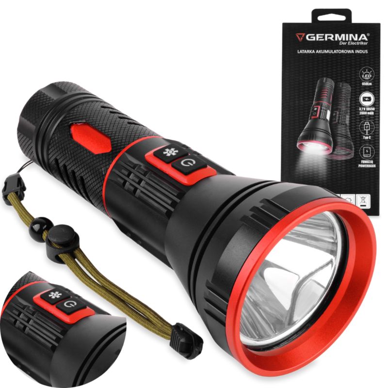 Latarka LED akumulatorowa Germina 2000mAh, 4 tryby świecenia, 650lm 1szt.