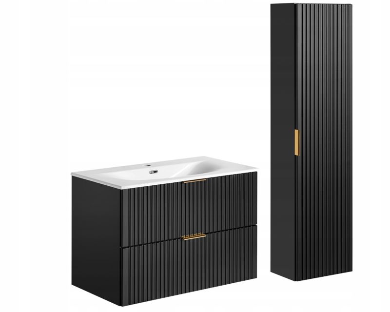 Szafka pod umywalkę i słupek Furnidea 80 cm + 140 cm czarny mat ryflowany z umywalką Adel zestaw