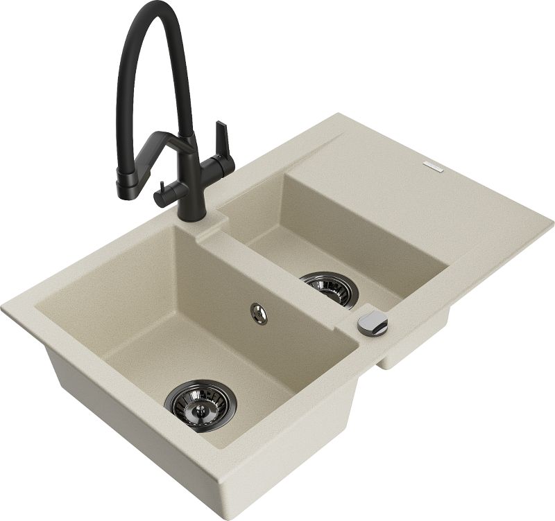 Zlewozmywak granitowy Mexen Gaspar 1,5-komorowy z ociekaczem i baterią kuchenną Duo biały - 6507-20-671701-70-B 1 szt.