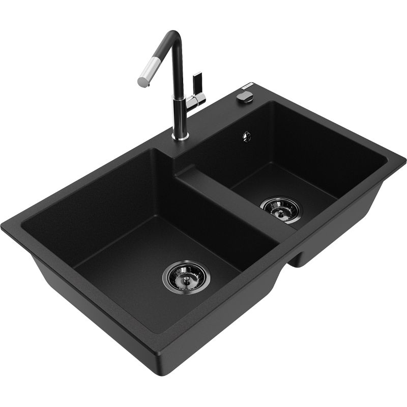 Zlewozmywak granitowy 2-komorowy Mexen Tomas z baterią kuchenną Flora czarny 6516-77-670401-07-B