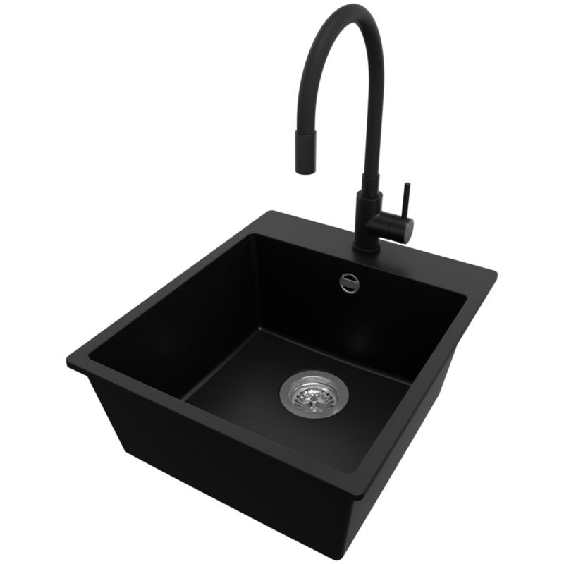 Zlewozmywak Granitowy Ryga PRIMAGRAN Nablatowy 43x50cm do szafki od 45cm, Czarny + Bateria 40x38cm + Syfon, S151, 1 szt.
