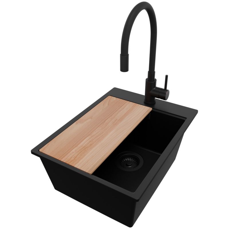 Zlewozmywak Granitowy Oslo PRIMAGRAN Nablatowy 38x50cm do szafki od 40cm, Cały Czarny + Bateria + Syfon + Deska, S100, 1 szt.