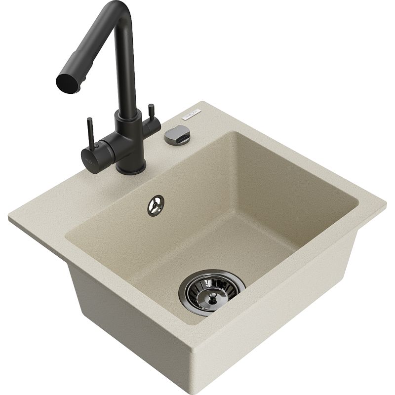 Zlewozmywak granitowy 1-komorowy Mexen Milo z baterią kuchenną Duero biały - 6505-20-671600-70 1 szt.