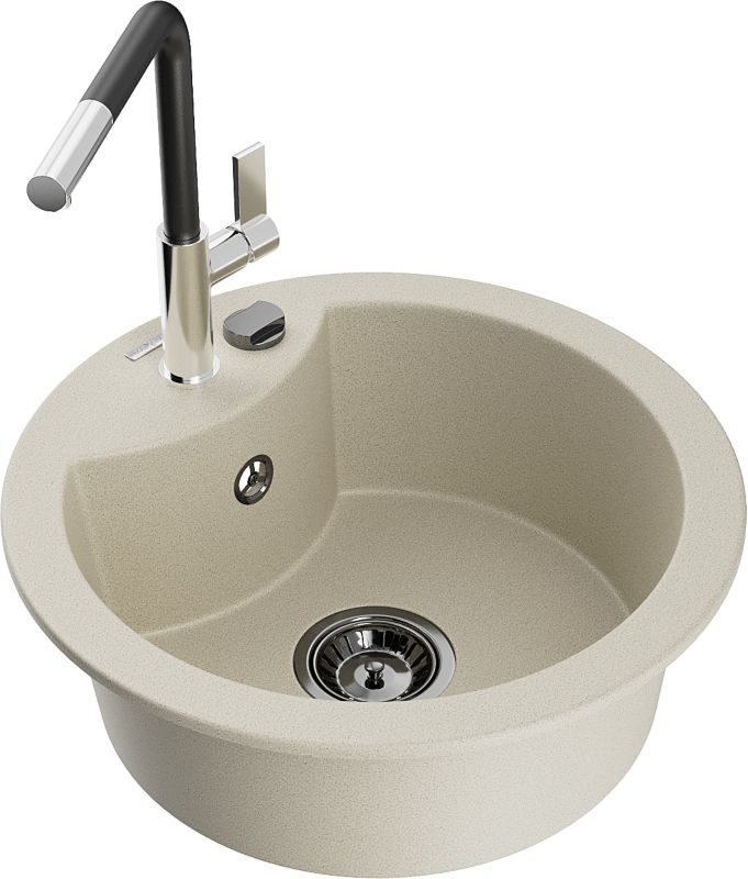 Zlewozmywak granitowy Mexen Diego 1-komorowy z baterią kuchenną Flora beżowy 6512-69-670401-07-B