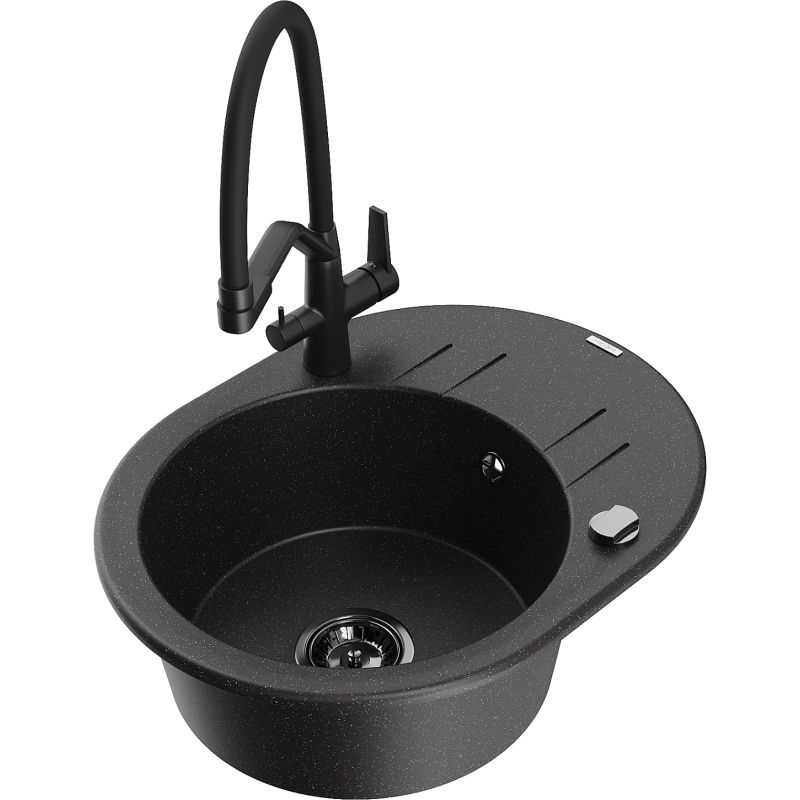 Zlewozmywak granitowy 1-komorowy Mexen Kevin z baterią kuchenną Duo czarny/srebrny metalik - 6517-73-671701-07 1 szt.