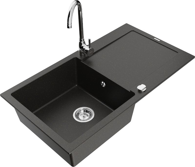 Zlewozmywak granitowy Mexen Leo 1-komorowy z ociekaczem i baterią kuchenną Telma czarny/złoty 6501-75-670200-00