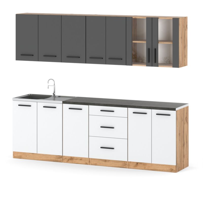 Zestaw Kuchenny Hurtownia-Mebli Z Blatem Kuchnia Remino 260cm Dąb Wotan Szary Mat/Biały Mat 260x47x145 cm 1szt.