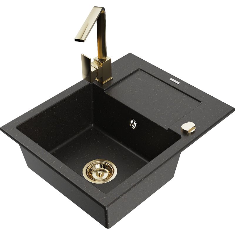 Zlewozmywak granitowy 1-komorowy Mexen Enzo z ociekaczem i baterią kuchenną Rita czarny/złoty metalik 6506-75-670300-50