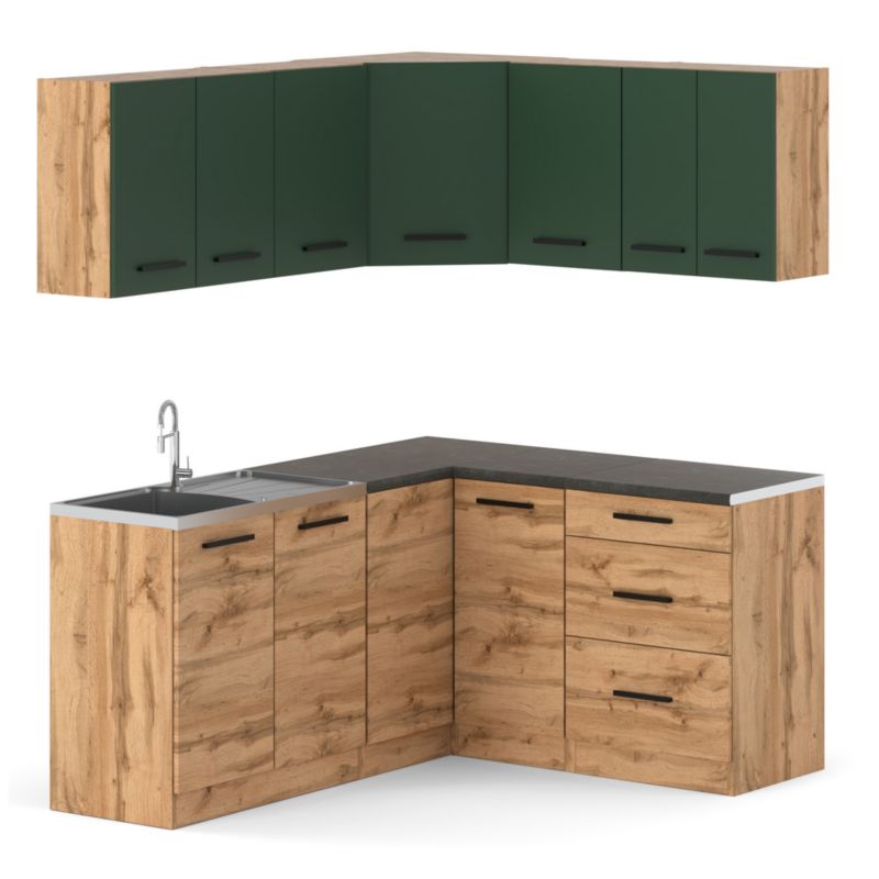 Zestaw Kuchenny Hurtownia-Mebli Z Blatem Kuchnia narożna Diana 320cm Dąb Wotan Butelkowa Zieleń/Dąb Wotan 320x47x145 cm 1szt.